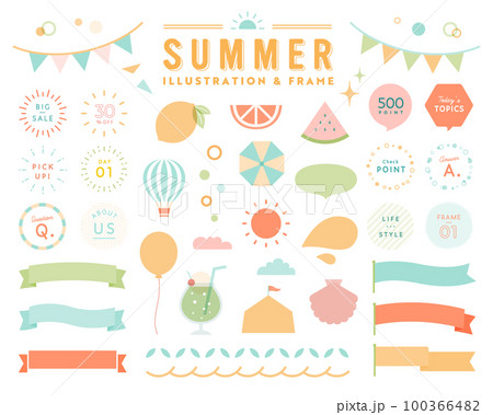 夏のシンプルなイラストとフレームのセット　フルーツ　リボン　吹き出し　飾り　装飾　太陽　枠　旗　8月 100366482