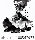 Erupting volcano, ink and watercolor drawing on white paper 100367073