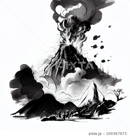 Erupting volcano, ink and watercolor drawing on white paper 100367073