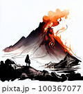 Erupting volcano, ink and watercolor drawing on white paper 100367077