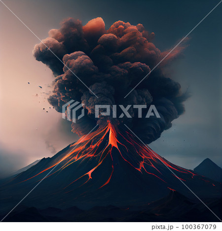 Erupting volcano against dark sky, stock illustration 100367079