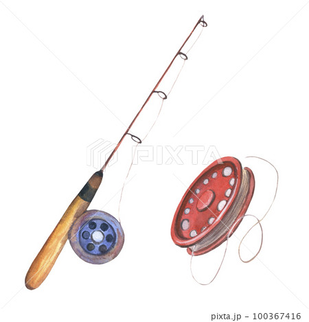 Fishing rod watercolour illustration. Tool to catch fish. One single object, blue, red, brown colours. Hand drawn water color sketchy painting on white Fishing rod watercolour illustration. Tool to catch fish. One single object, blue, red, brown colours. Hand drawn water color sketchy painting on white 100367416