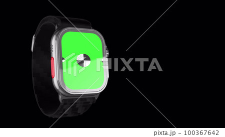 3D rendered smartwatch with green screen for mockup. Background with Alpha channel for chroma key. Animation for presentation on mockup screen. 100367642