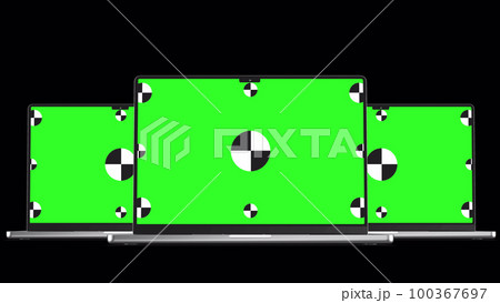 Three laptop revolves around on black background with Alpha channel for chroma key. Green screen with marks for tracking digital devices is included for easy. 3D rendering. Three laptop revolves around on black background with Alpha channel for chroma key. Green screen with marks for tracking digital devices is included for easy. 3D rendering. 100367697