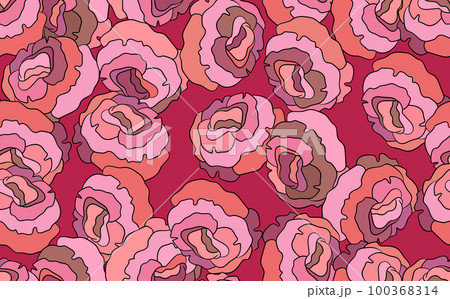 Spring colorful vector illustration with pink roses. Cartoon style. Design for fabric, textile, paper. Holiday print for Birthday, 8 march. Flowers with leaves 100368314