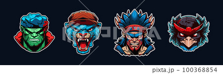 Cartoon animal head, red and blue sport logo collection with white outlined. Angry face of hulk, juguar, warrior, and raven characters. Sport team mascot set. Vector illustration 100368854