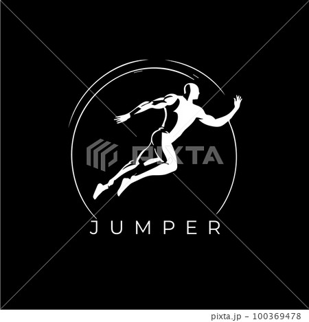 White icon of jumper silhouette on black background, sport logo template, jogging or jumping modern logotype concept, t-shirts print, tattoo, infographic. Vector illustration 100369478