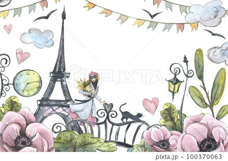 Eiffel Tower with girl, lantern, bridge and flowers. Watercolor illustration in sketch style with graphic elements. Template from the PARIS collection. For registration and design of postcards. Eiffel Tower with girl, lantern, bridge and flowers. Watercolor illustration in sketch style with graphic elements. Template from the PARIS collection. For registration and design of postcards. 100370063