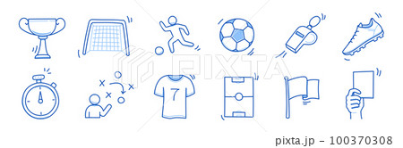 Soccer doodle icon. Football goal, award cup, whistle hand drawn line doodle sketch style equipment icon. Vector Soccer doodle icon. Football goal, award cup, whistle hand drawn line doodle sketch style equipment icon. Vector 100370308