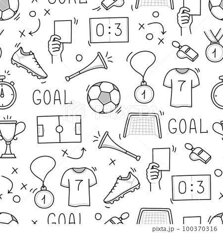 Soccer doodle seamless pattern. Football goal, award cup, whistle hand drawn line doodle sketch style equipment icon 100370316