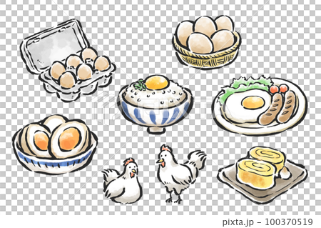 茶色の卵・鶏・色々な卵料理のイラスト　筆タッチ・ベクターセット 100370519