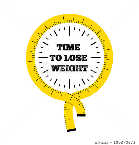 Illustration of a yellow, black clock with a stroke of a yellow measuring tape with a black inscription inside the time to lose weight on a white background 100370873