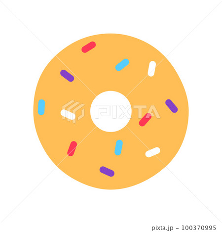 Flat yellow donut decorated with colorful sprinkles. Tasty baked fried unhealthy frosting dessert isolated on white background. Glazed doughnut art. Delicious junk food minimal illustration. Flat yellow donut decorated with colorful sprinkles. Tasty baked fried unhealthy frosting dessert isolated on white background. Glazed doughnut art. Delicious junk food minimal illustration. 100370995
