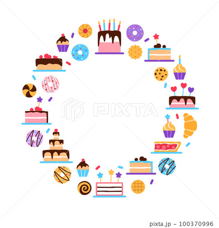 Pastry circle frame concept on white background. Colorful elements border with text space. Pastries patisserie for cafe restaurant menu banner design. Cake donut bun croissant pie illustration. Pastry circle frame concept on white background. Colorful elements border with text space. Pastries patisserie for cafe restaurant menu banner design. Cake donut bun croissant pie illustration. 100370996