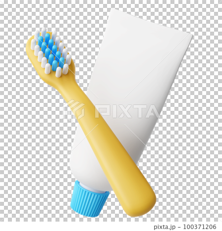 Cute cartoon style yellow toothbrush and toothpaste tube 3d render 100371206