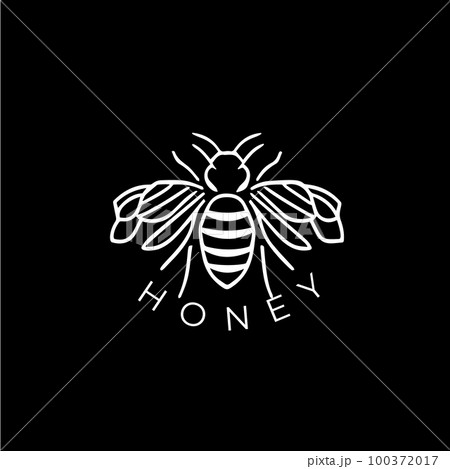 Minimalistic honey logo template, white icon of bee silhouette on black background, bumblebee modern logotype concept, sketch, tattoo. Vector illustration Minimalistic honey logo template, white icon of bee silhouette on black background, bumblebee modern logotype concept, sketch, tattoo. Vector illustration 100372017