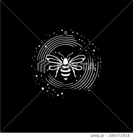 Minimalistic hive logo template, white icon of bee silhouette on black background, bumblebee modern logotype concept, sketch, tattoo. Vector illustration Minimalistic hive logo template, white icon of bee silhouette on black background, bumblebee modern logotype concept, sketch, tattoo. Vector illustration 100372018