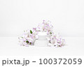 A mock up white jar of cream on a natural stone podium pedestal, on a white table, with plant, flowers, with hard shadows. Stylish look of the product, identity. 100372059