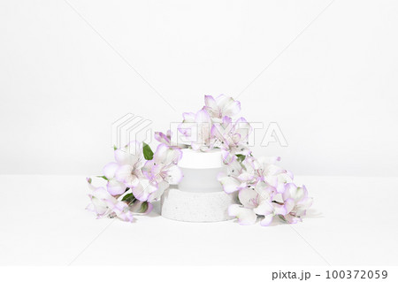 A mock up white jar of cream on a natural stone podium pedestal, on a white table, with plant, flowers, with hard shadows. Stylish look of the product, identity. A mock up white jar of cream on a natural stone podium pedestal, on a white table, with plant, flowers, with hard shadows. Stylish look of the product, identity. 100372059