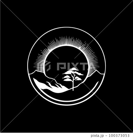 Minimalistic countryside round logo, prairie landscape silhouette white icon on black background, countryside monochrome logotype concept, scenery sketch, tattoo. Vector illustration 100373053