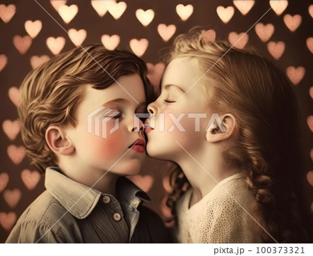 ヴィンテージ風のカップルのイメージ　男の子の頬にキスをする女の子　AI画像を調整 100373321