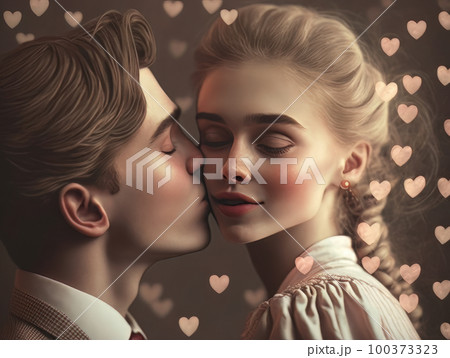 ヴィンテージ風のカップルのイメージ　女性の頬にキスをする男性　AI画像を調整 100373323