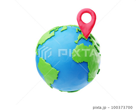 3d plasticine cartoon planet Earth with red pointer 100373700
