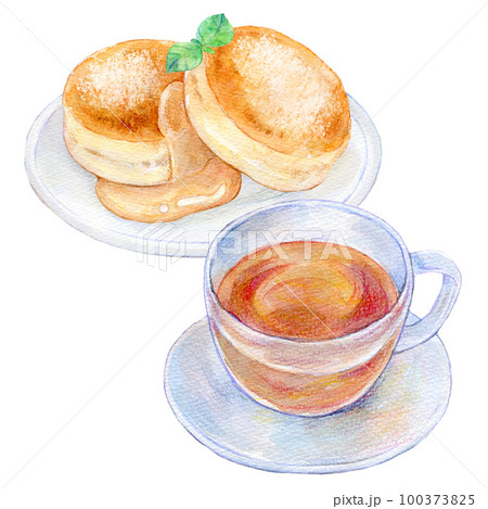 紅茶とパンケーキ　水彩イラスト 100373825