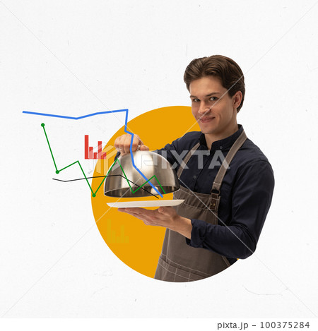 Good service. Conceptual design. Modern art collage. Man with serving pot and graphs meaning well-coordinated strategy Good service. Conceptual design. Modern art collage. Man with serving pot and graphs meaning well-coordinated strategy 100375284