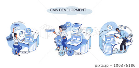 Concept of digital content management system, CMS development software metaphor, program development service technology 100376186