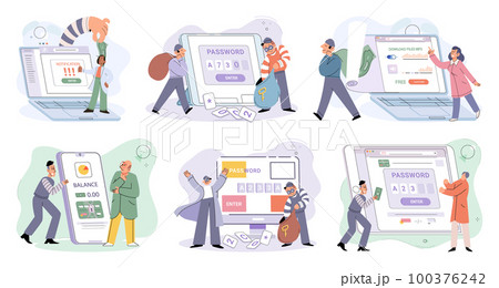 Hacker activity big set. Hacking computer. Phishing account, cyber attack on personal data 100376242