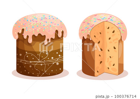 Easter cake set. Cakes with icing, whole and sliced. Easter icons, decor elements, vector Easter cake set. Cakes with icing, whole and sliced. Easter icons, decor elements, vector 100376714