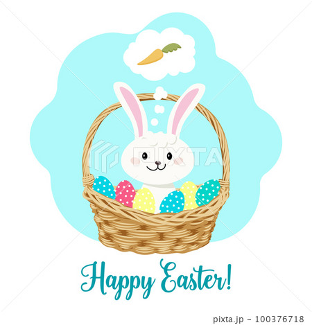 Easter card, cute rabbit in a wicker basket with eggs. Baby print, illustration, vector Easter card, cute rabbit in a wicker basket with eggs. Baby print, illustration, vector 100376718