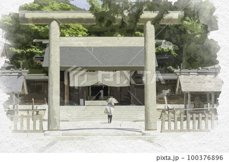 水彩画風　天橋立　元伊勢　籠神社　鳥居　京都府宮津市 100376896