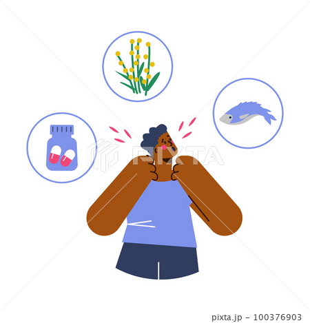 Man with allergy irritation symptoms flat cartoon vector illustration isolated. 100376903