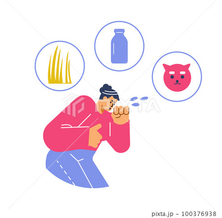 Woman with allergy cough flat cartoon vector illustration isolated on white. Woman with allergy cough flat cartoon vector illustration isolated on white. 100376938