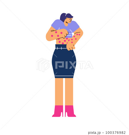 Woman suffering from red, itchy and irritated skin - flat vector illustration isolated on white background. Woman suffering from red, itchy and irritated skin - flat vector illustration isolated on white background. 100376982