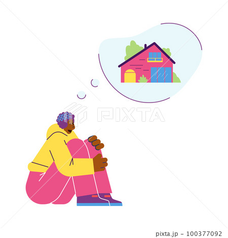 Woman sitting and dreaming about big house flat style Woman sitting and dreaming about big house flat style 100377092