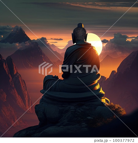 Stone bhudda sitting on mountain top. Generative Ai image 100377972