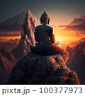 Stone bhudda sitting on mountain top. Generative Ai image 100377973