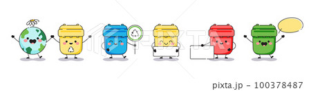 Waste recycling mascot set. Cute waste and garbage bins with text banners for labels, stickers, illustrations. Vector happy recycling garbage containers, dustbins and cans. Waste recycling mascot set. Cute waste and garbage bins with text banners for labels, stickers, illustrations. Vector happy recycling garbage containers, dustbins and cans. 100378487