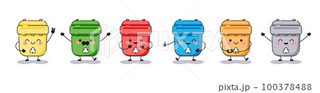 Set of colorful waste bins mascots with faces and smiles. Cute cartoon garbage bins collection. 100378488