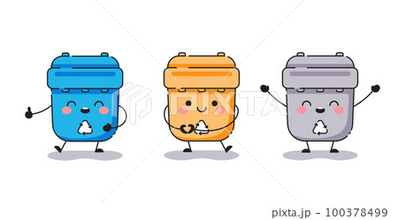 Waste bin set with happy emotions. Garbage bins for ecology, recycling, separation, reusing, sorting system stickers. 100378499