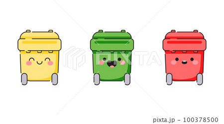 Cue vector waste bins. Cartoon yellow green red garbage bins set. Trash cans with faces and happy smiles. Dustbin containers on white background. 100378500