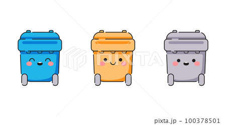 Waste bin set with happy emotions. Garbage bins for ecology, recycling, separation, reusing, sorting system stickers. 100378501