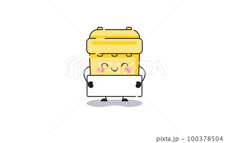 Yellow waste bin container with empty banner for text.  100378504