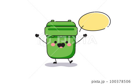 Yellow waste bin container with empty speech bubble. Vector isolated green trash can on white background. Sticker template, 100378506