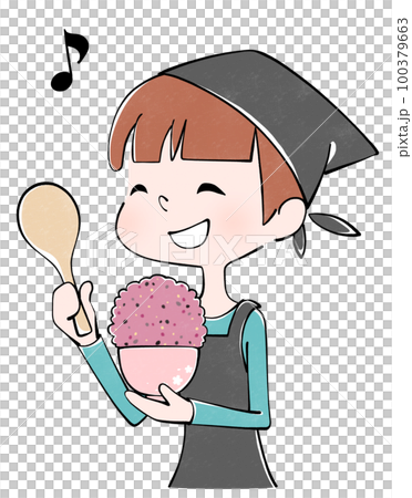 Illustration of a woman serving a large serving of millet rice 100379663
