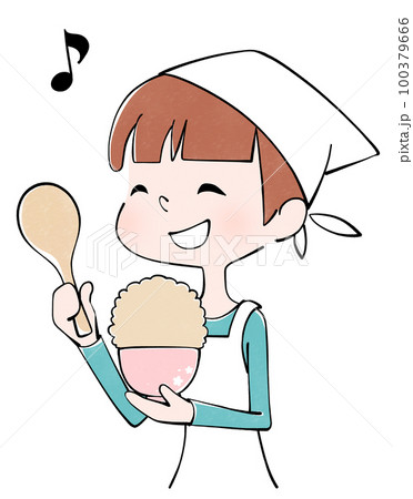 大盛り玄米ご飯をよそう女性のイラスト 大盛り玄米ご飯をよそう女性のイラスト 100379666