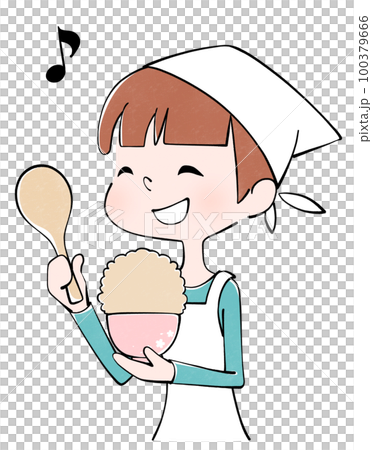 大盛り玄米ご飯をよそう女性のイラスト 大盛り玄米ご飯をよそう女性のイラスト 100379666